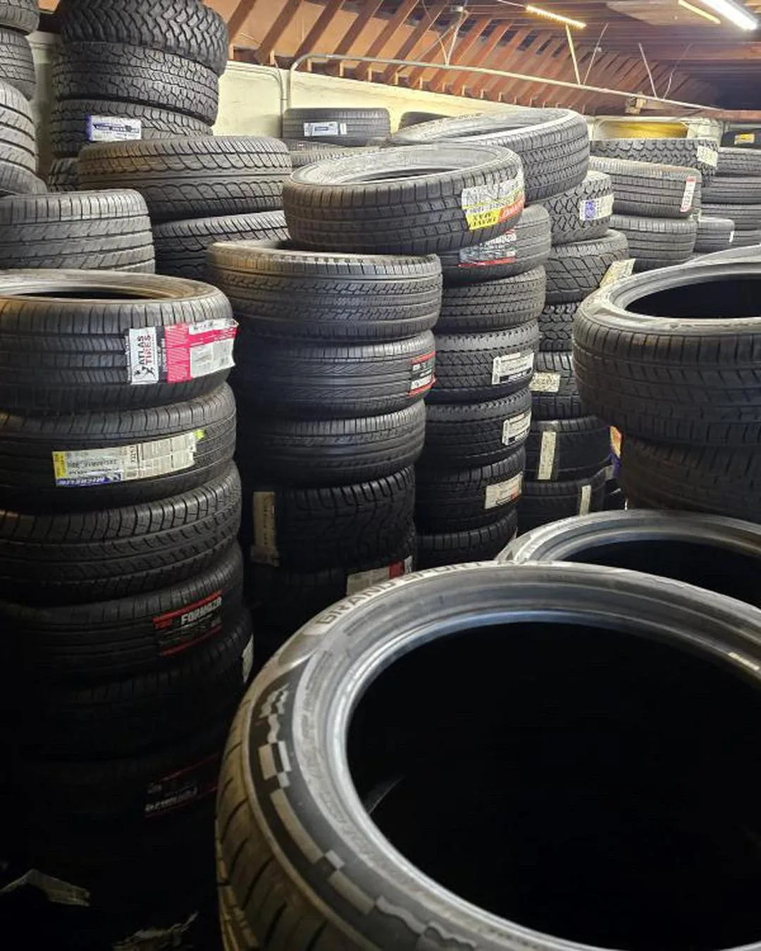 Indoor Garcia tire inventory with labels